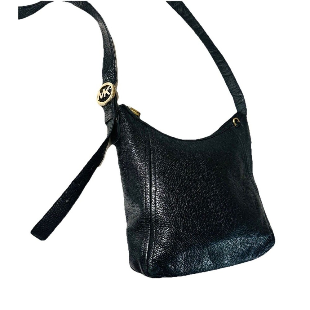 Michael Kors Black Pebbled Leather Hobo Shoulder Bag Crossbody Gold Hard emblem
